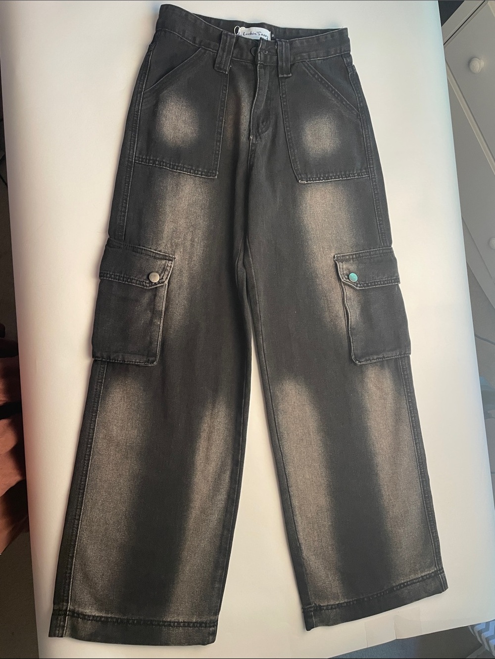 Relaxed Black Washed Cargo Jeans for Women